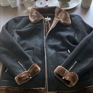 Black Leather jacket with brown fleece lining